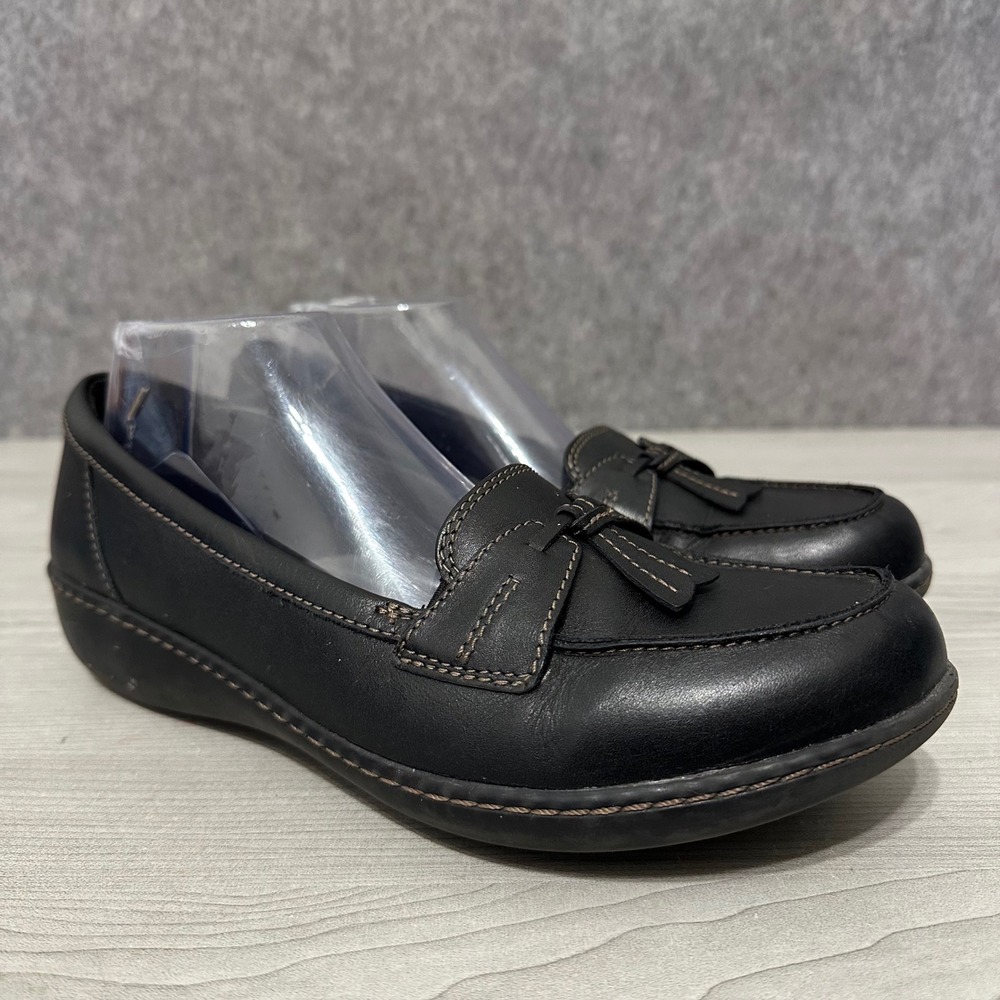 Clarks Ashland Bubble Loafers Womens 10 Blk Leather Tassel Comfort Slip On Shoe